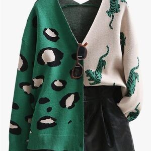Green and Cream Leopard and Tiger Pattern Sweater